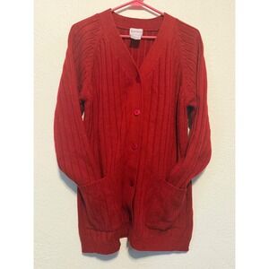 Bobbie Brooks Brick Red Ribbed Button Front Cardigan Sweater Pockets Large